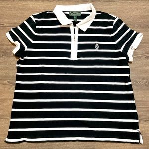 L-RL LAUREN ACTIVE RALPH LAUREN Black White Stripes Zip Polo Shirt Size XL